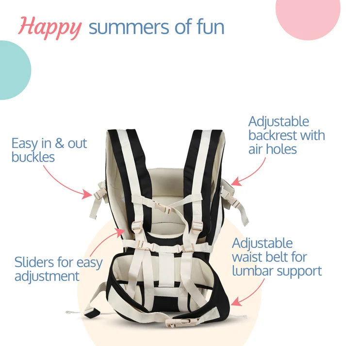 Smiling mother carrying a baby in a black Luvlap Elegant Baby Carrier with beige padding and straps, designed for comfortable and secure babywearing. Shows the baby facing towards the parent. From uSmile.toys." www.usmile.toys